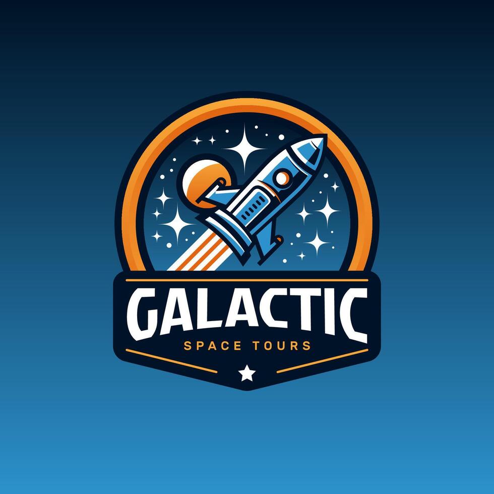 Galactic space tours logo with rocket ship and stars in retro badge style for futuristic branding and sci-fi projects vector