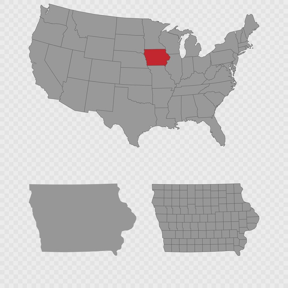 Iowa map set with USA location, clean outline, and full county breakdown. vector