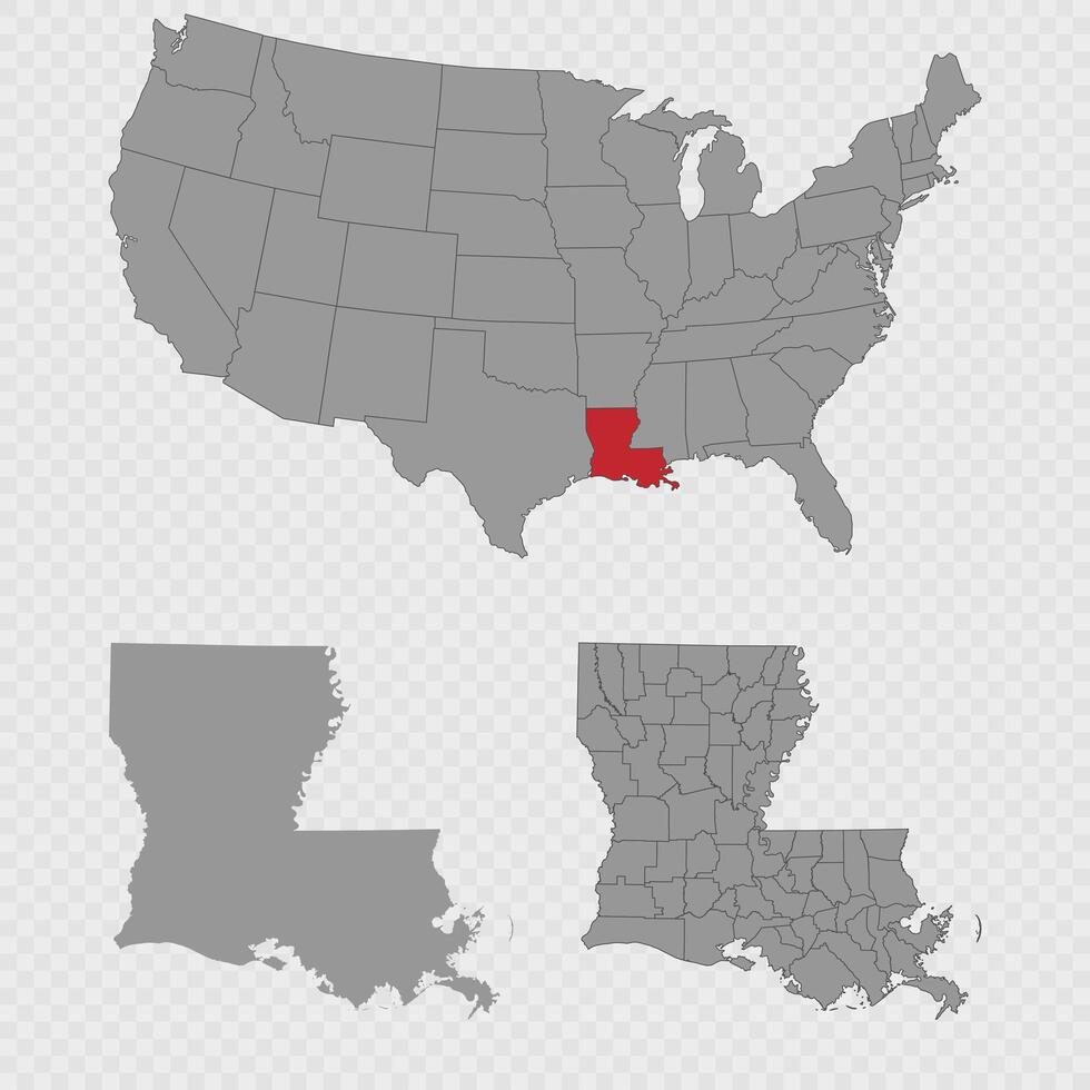 Louisiana map set with USA location, clean outline, and full county breakdown. vector