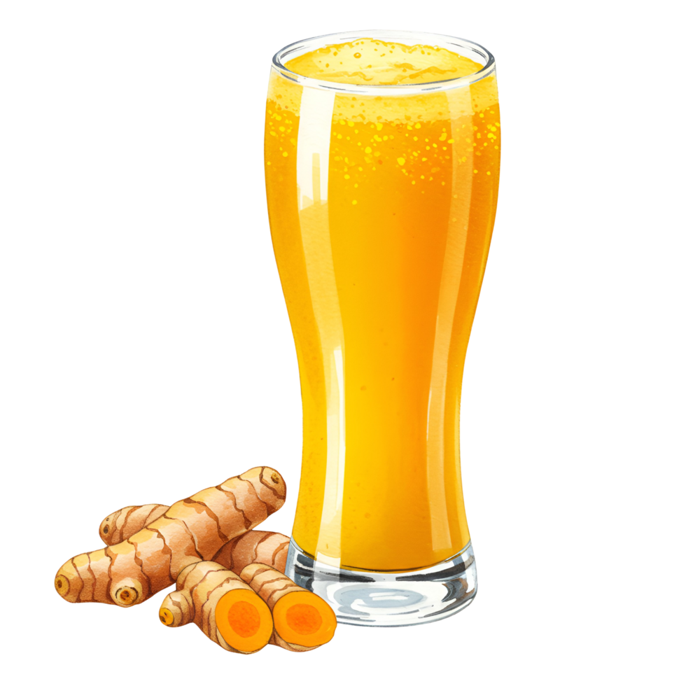 A watercolor tall glass filled with vibrant liquid next to several pieces of fresh turmeric root on the surface on transparent background png