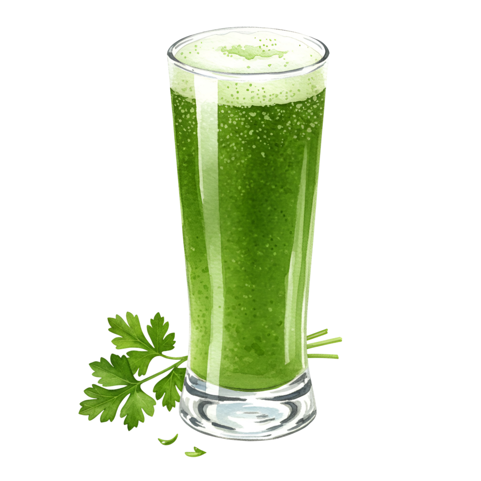 watercolor Tall glass filled with vibrant green smoothie and sprig of parsley at the base of the glass on transparent background png