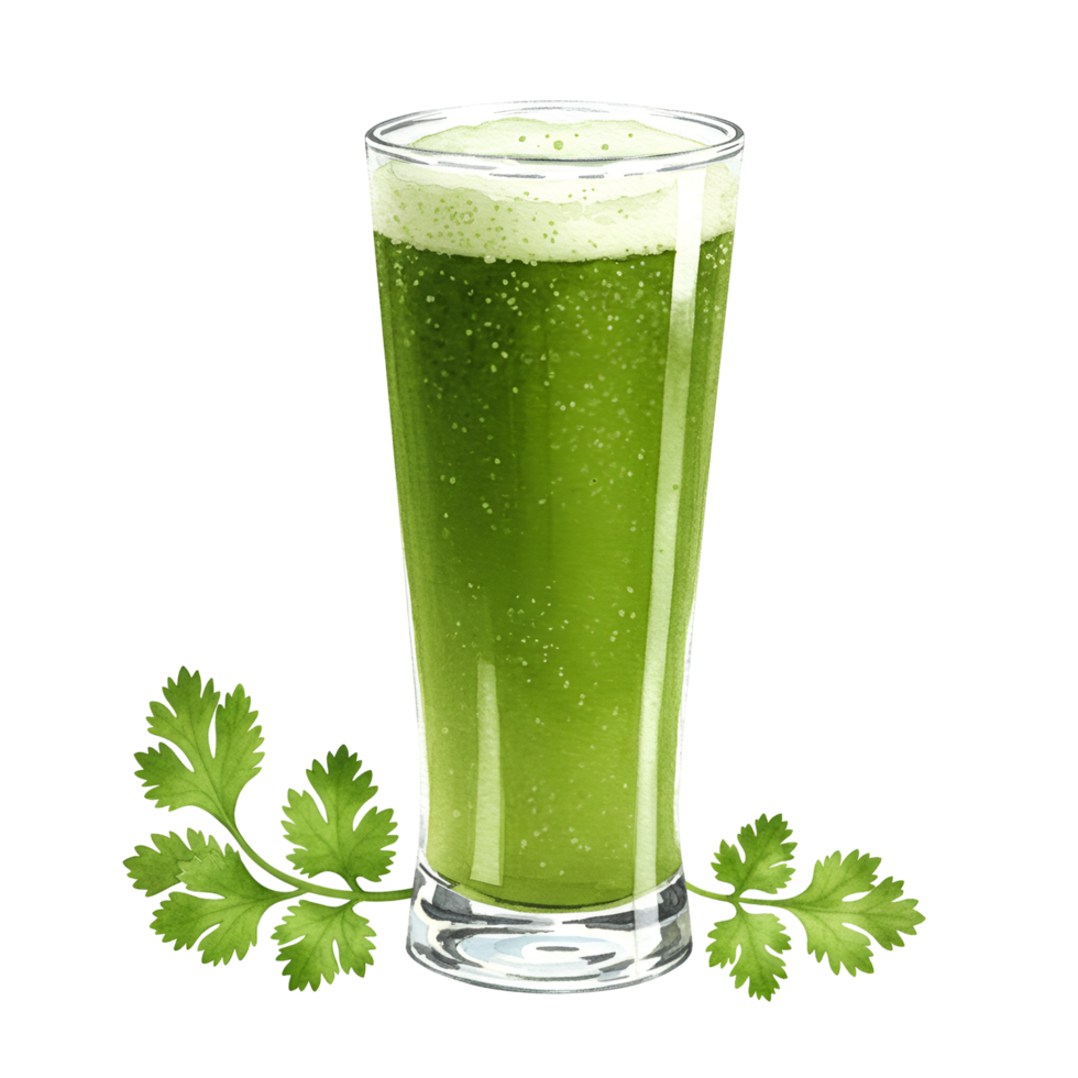 A watercolor tall glass of vibrant juice with leafy garnish against a plain backdrop for healthy living concept on transparent background png