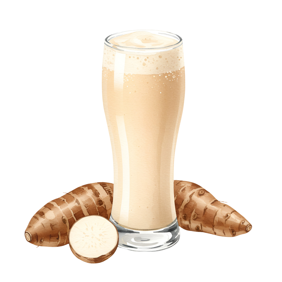 A watercolor tall glass filled with a light beverage next to some yams on an isolated plain surface view image on transparent background png