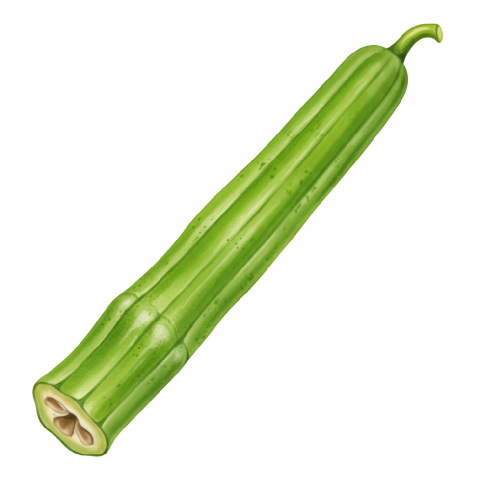 A watercolor single angled ridged gourd with a cut end on a plain setting showing its inner structure nicely on transparent background png