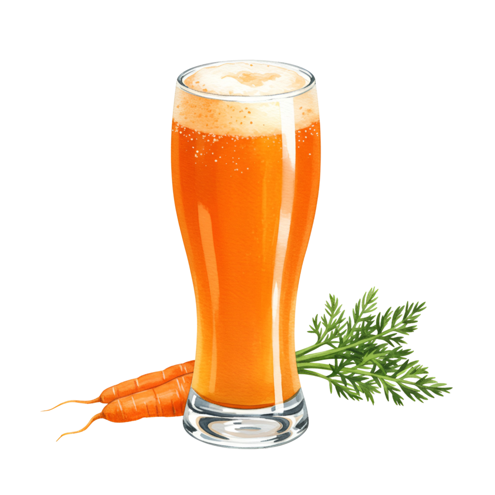 watercolor Tall glass of orange juice with foam top and carrots with green leaves next to it on the surface on transparent background png