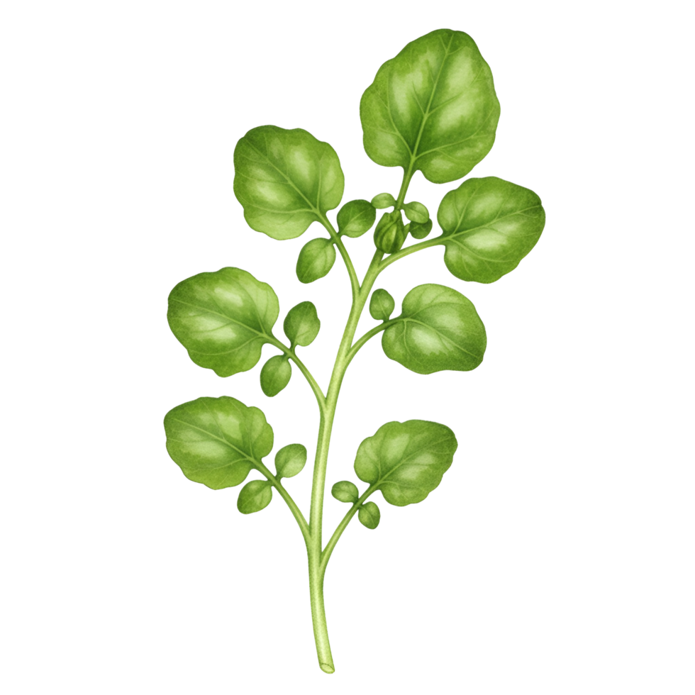 A watercolor single stem of watercress with round leaves against a plain solid colored canvas backdrop element on transparent background png