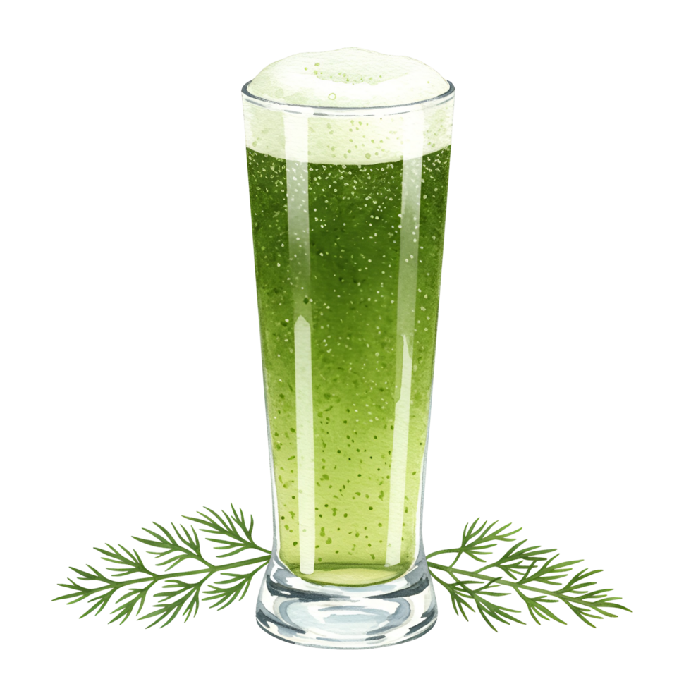 watercolor Tall glass containing a vibrant green beverage with a frothy white foam top and green leaves below it on transparent background png