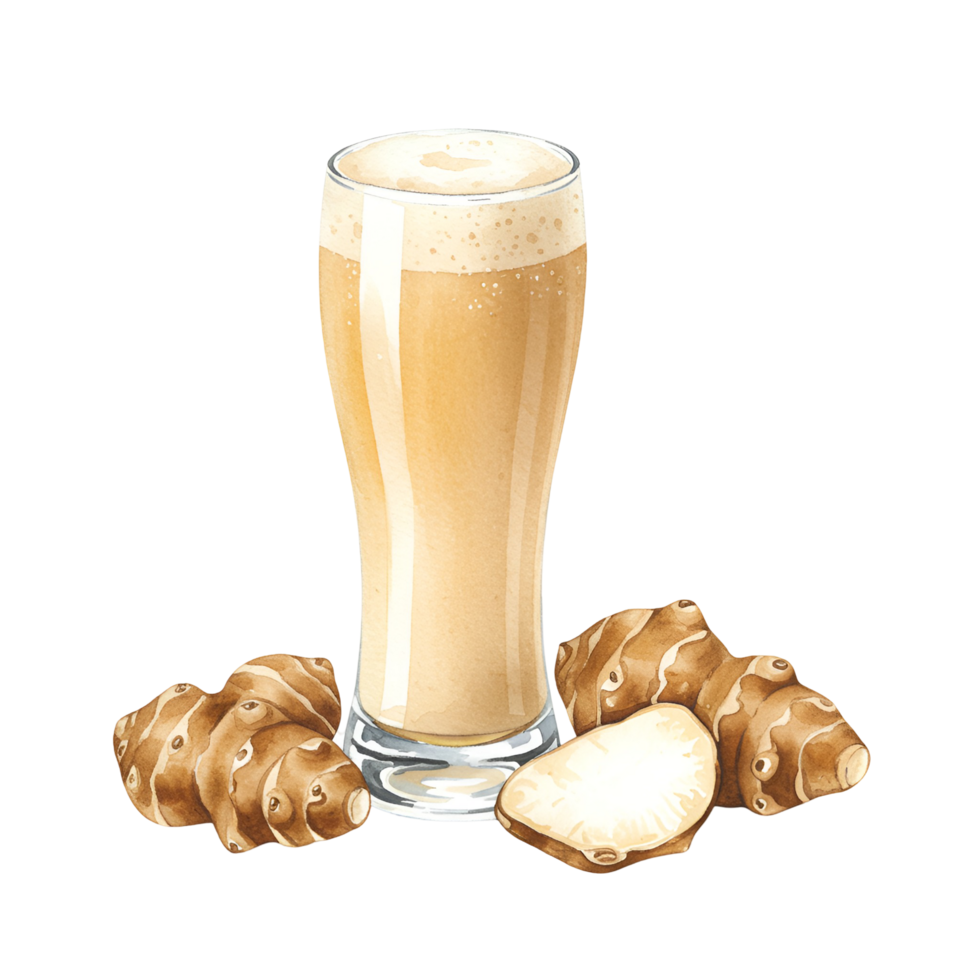 A watercolor glass filled with a creamy beverage and sunchokes arranged around the base of the glass object here now on transparent background png