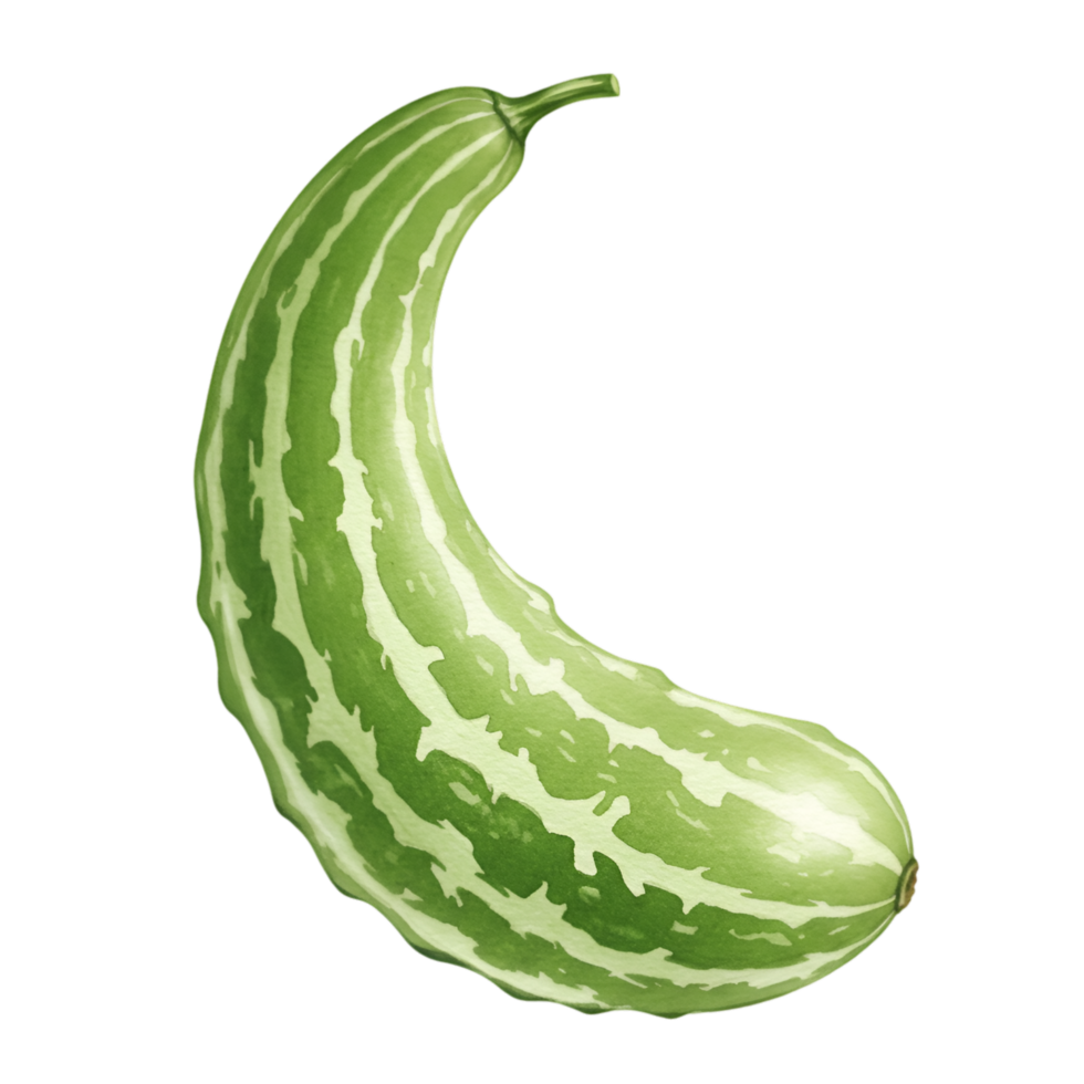 A watercolor single curved green and white striped vegetable isolated on a plain surrounding space view image on transparent background png