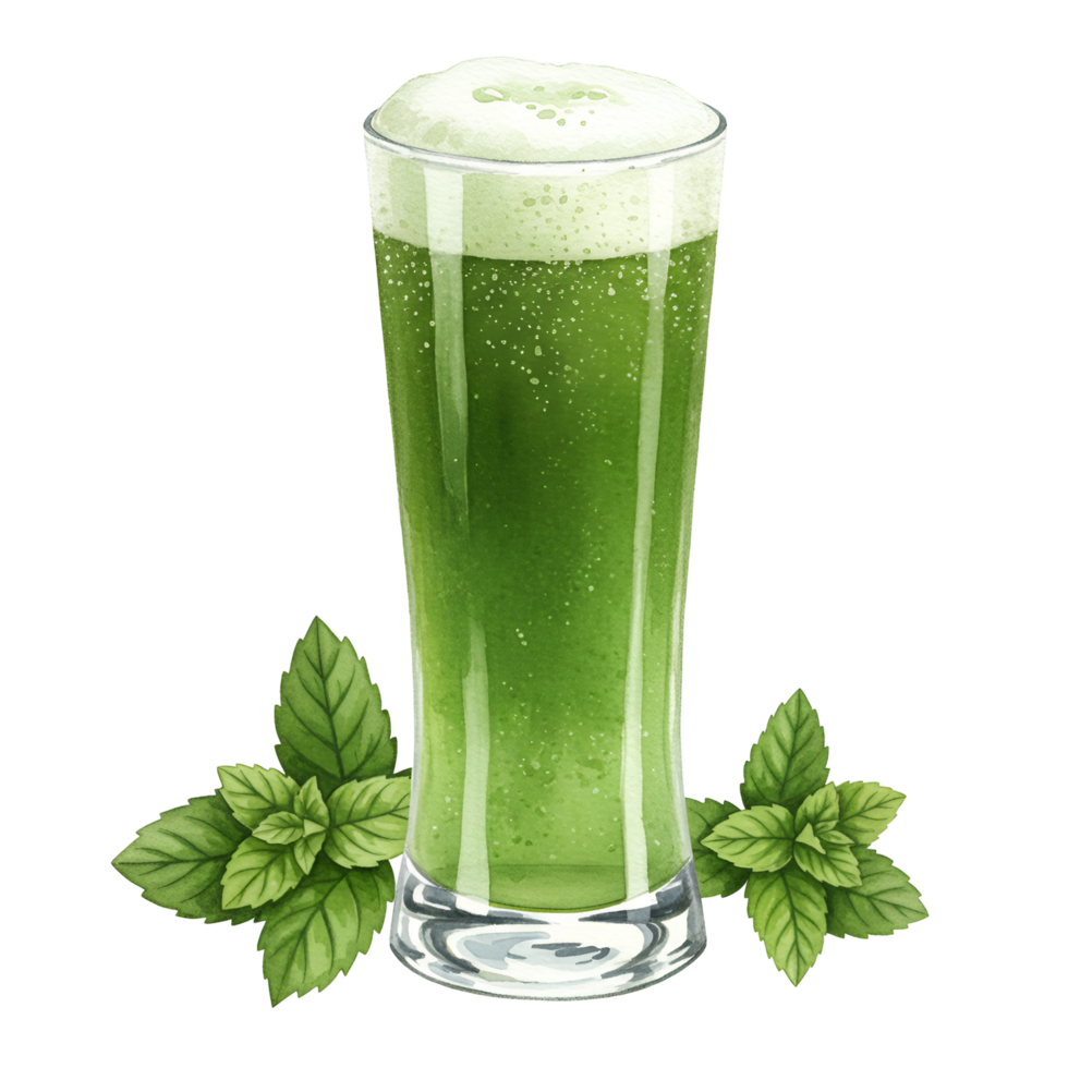 watercolor Tall glass filled with vibrant green liquid and topped with foam next to fresh mint leaves on transparent background png