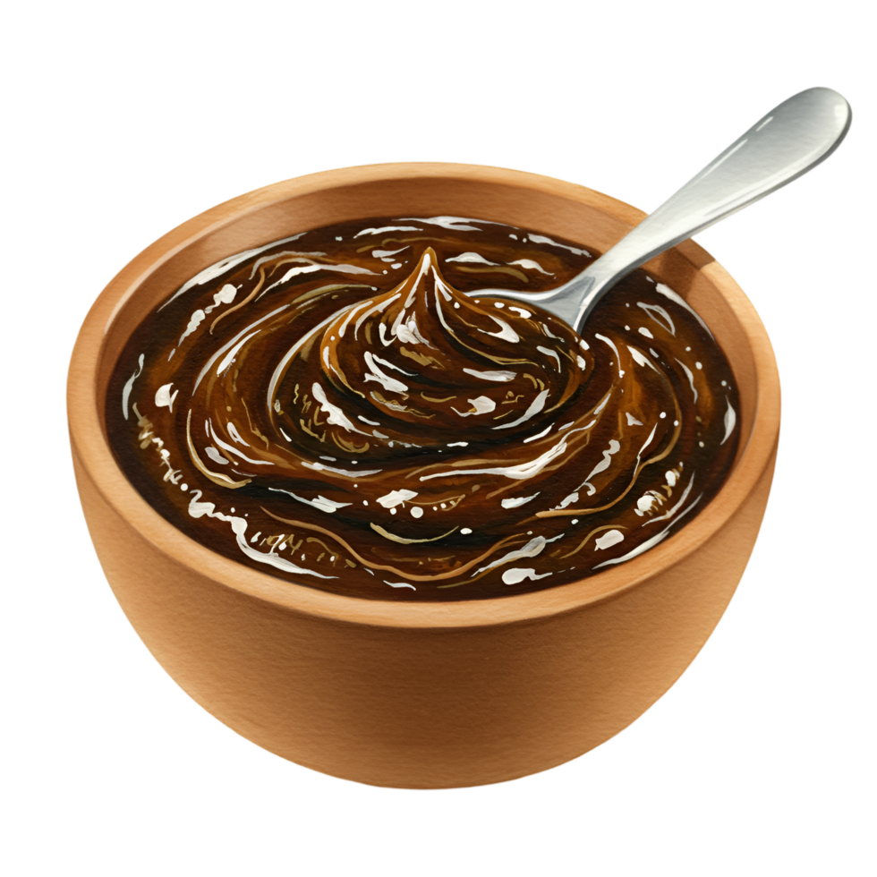 A watercolor bowl of rich fudge with a spoon resting inside on a plain backdrop ready to be eaten as dessert on transparent background png