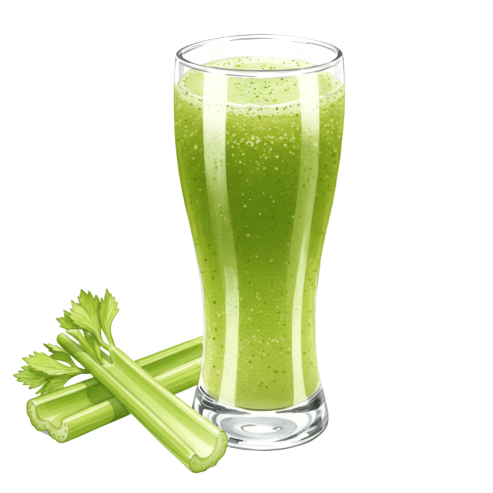 A watercolor tall glass filled with a green smoothie next to some fresh celery stalks on a plain surface on transparent background png
