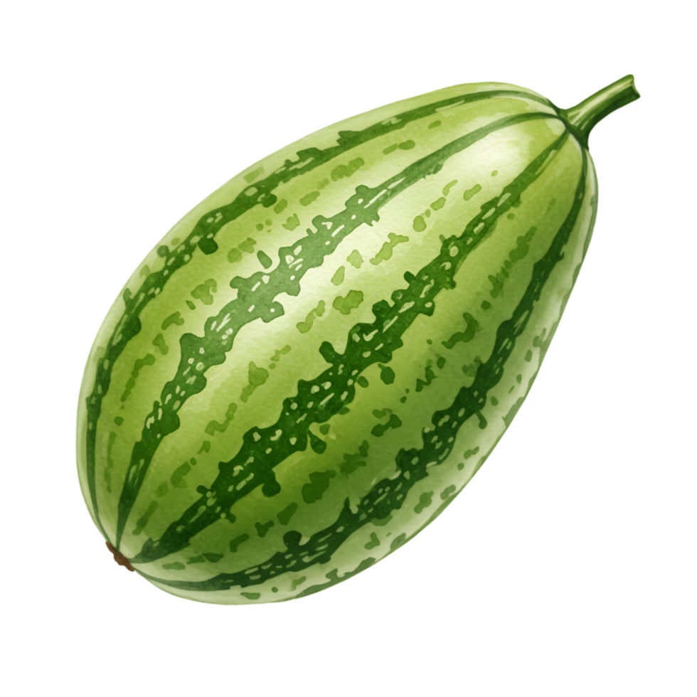 A watercolor single oblong watermelon with green stripes and a stem on an isolated simple solid color space on transparent background png