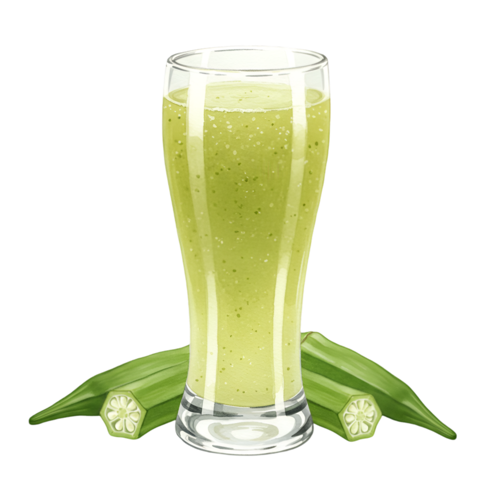 watercolor Tall glass filled with a green smoothie and okra pods placed around the glass base on a plain surface on transparent background png