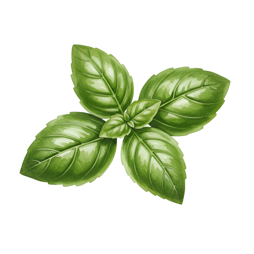 A watercolor vibrant depiction of fresh basil leaves arranged against a solid color, showcasing their texture and form on transparent background png