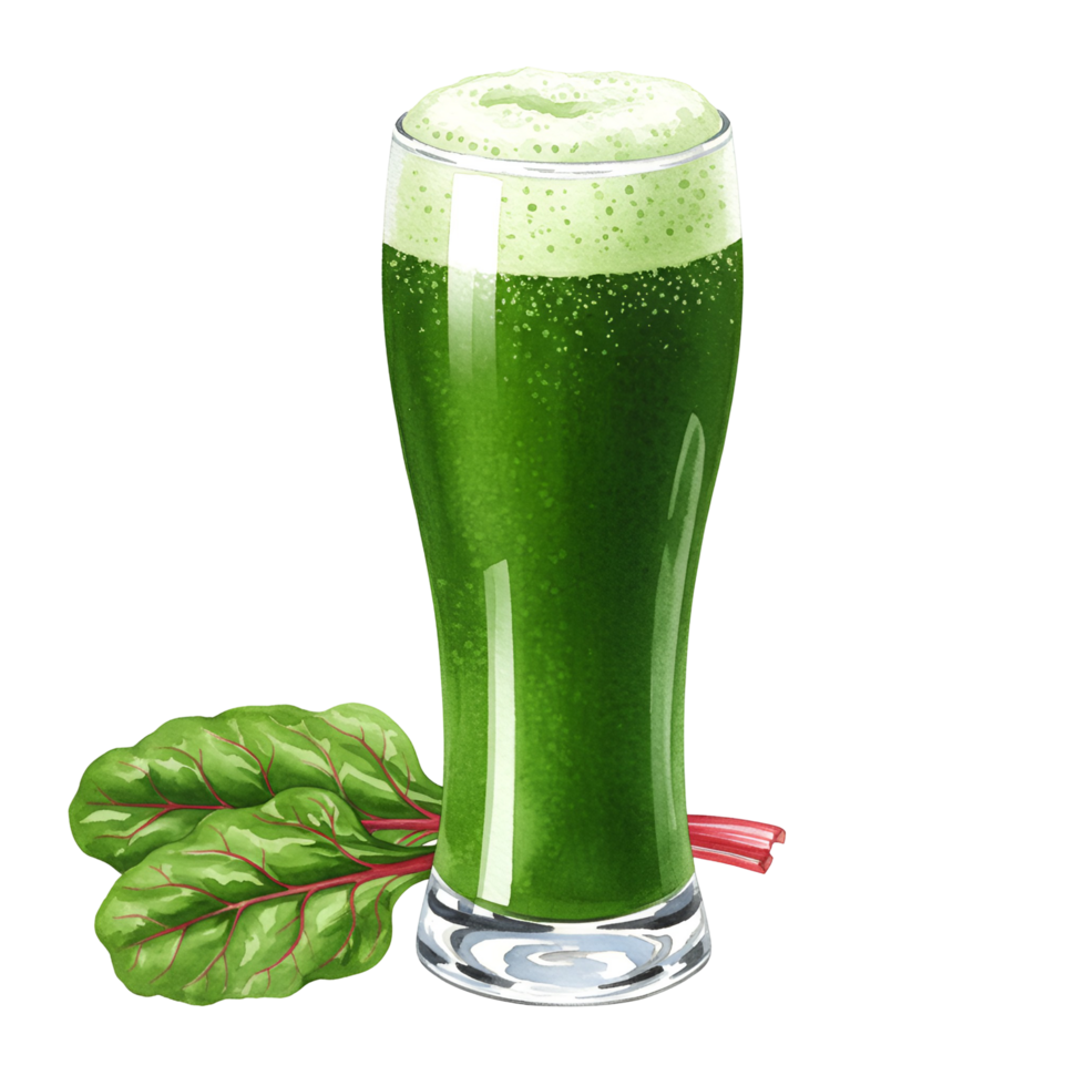 A watercolor tall glass of vibrant green juice with a frothy top alongside fresh chard leaves on a plain setting on transparent background png