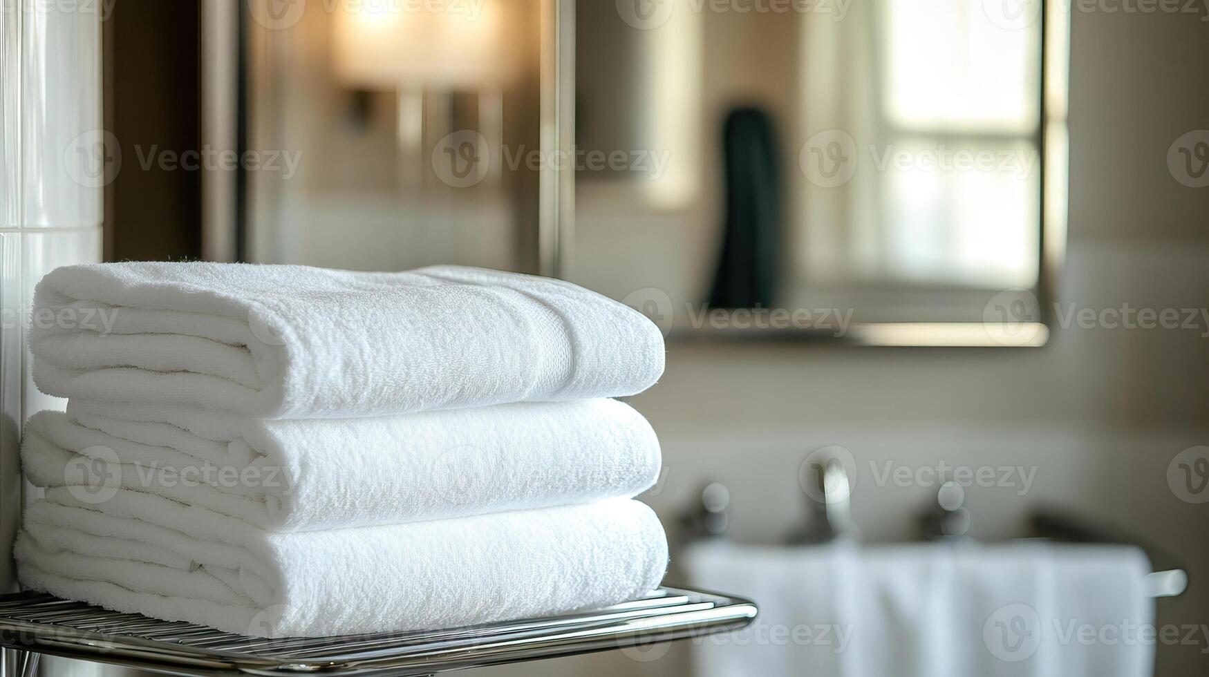 A stack of towels on a bathroom shelf photo
