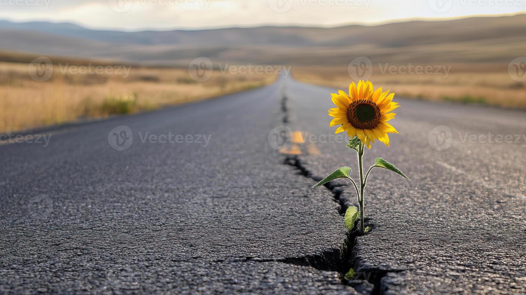 A sunflower growing out of a crack in the road photo