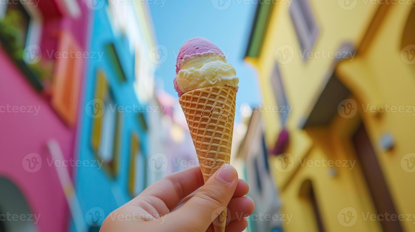 A person holding an ice cream cone in front of colorful buildings photo