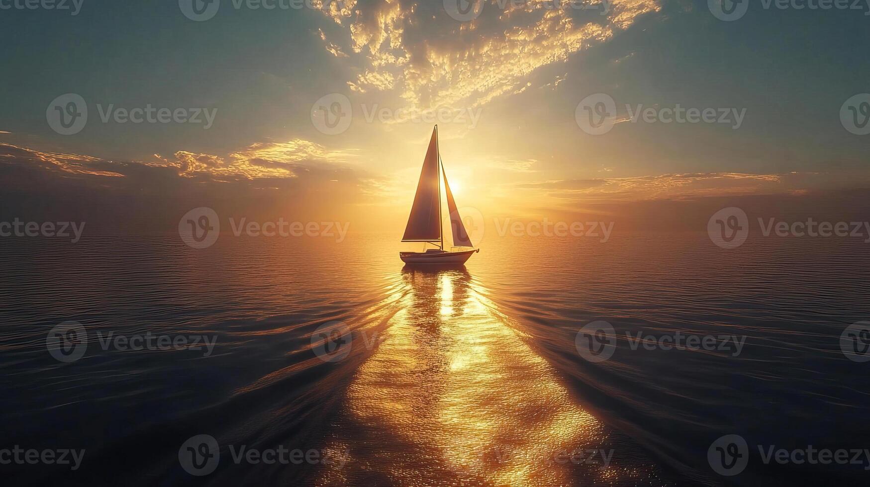 A sailboat is sailing in the ocean at sunset photo