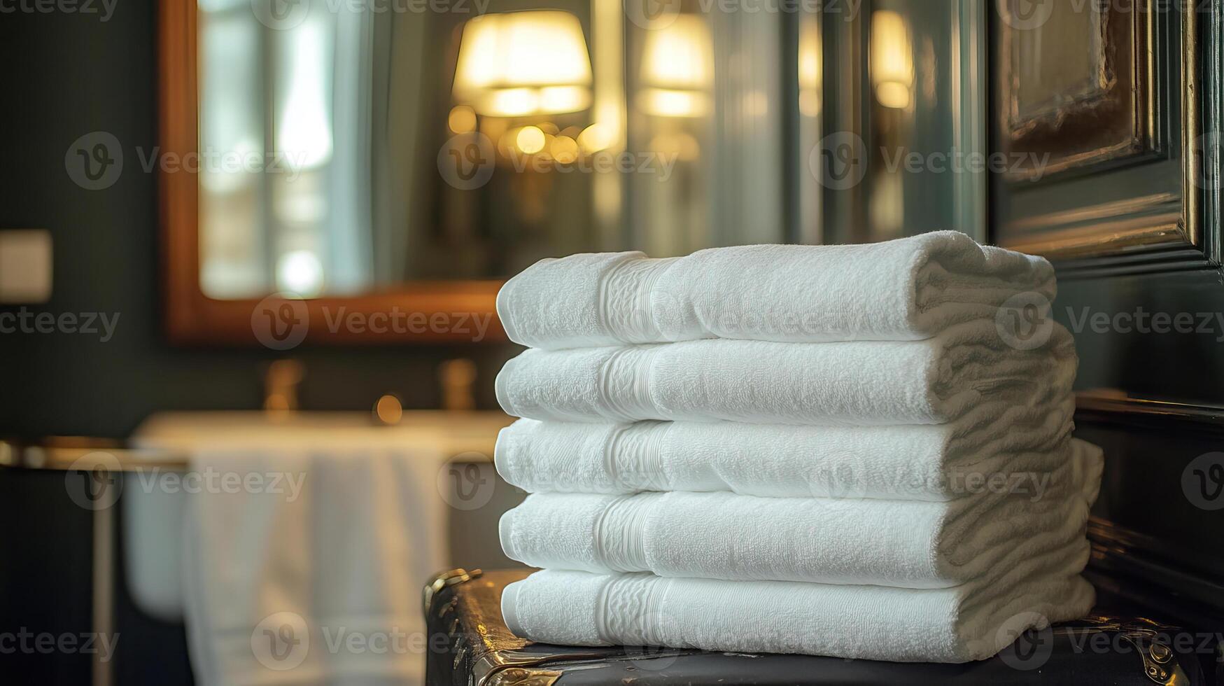 A stack of white towels on a table in a bathroom photo