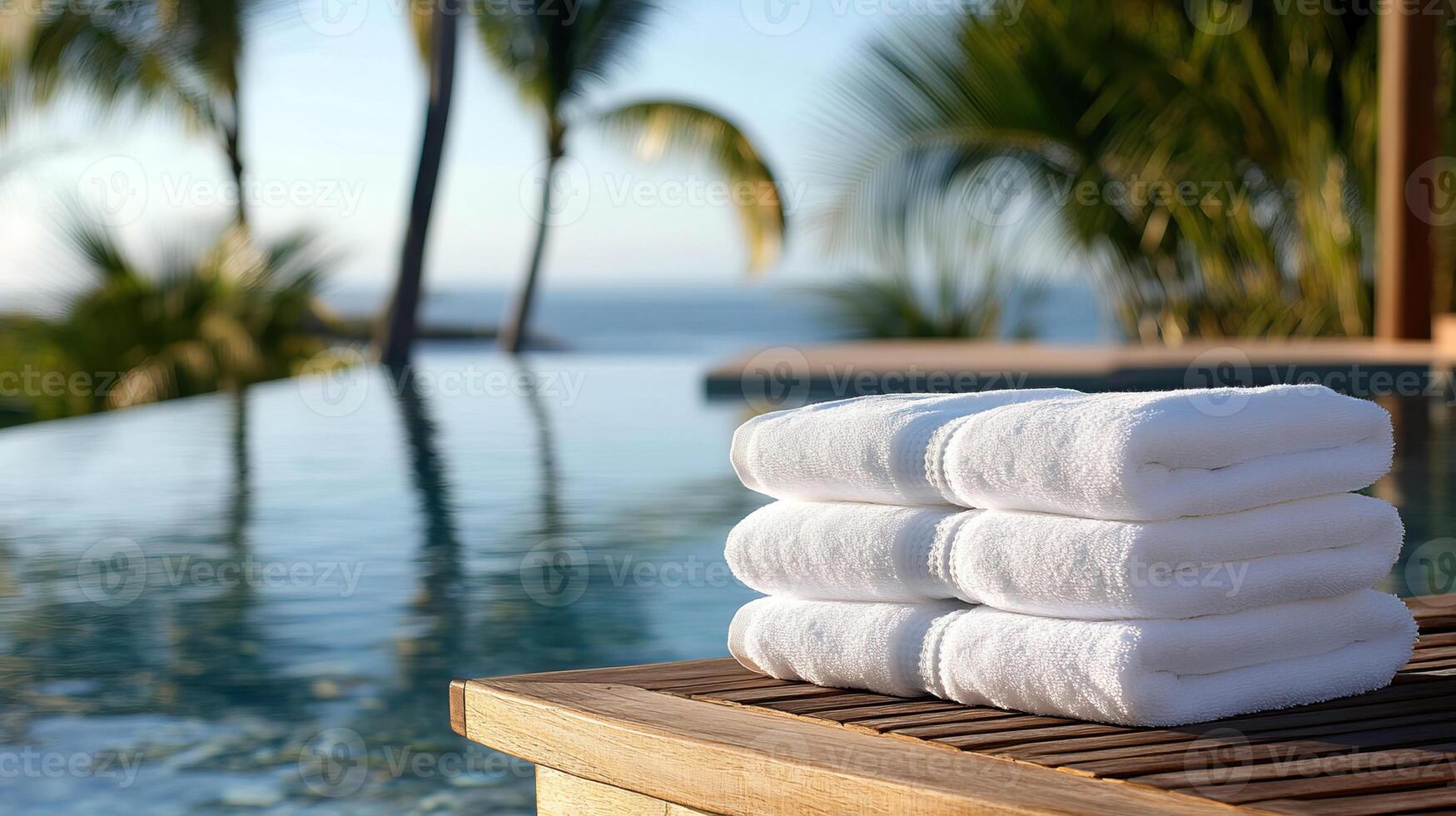 Three towels stacked on a wooden table near the pool photo