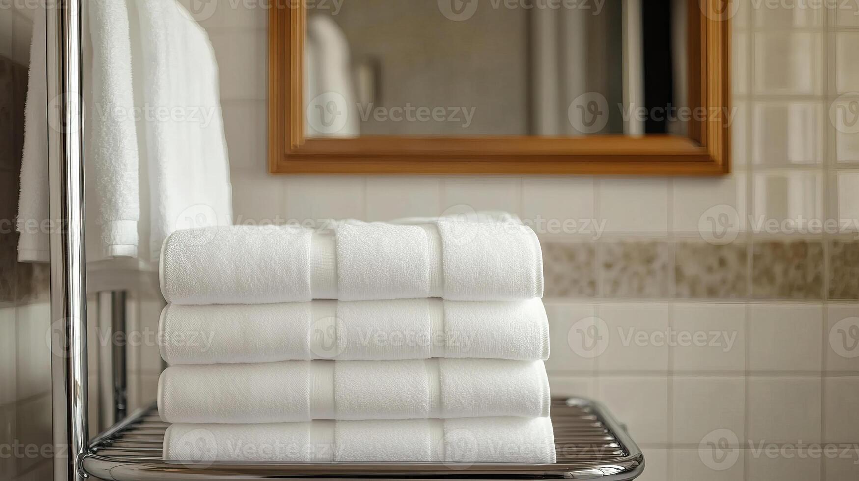 A stack of white towels on a bathroom shelf photo
