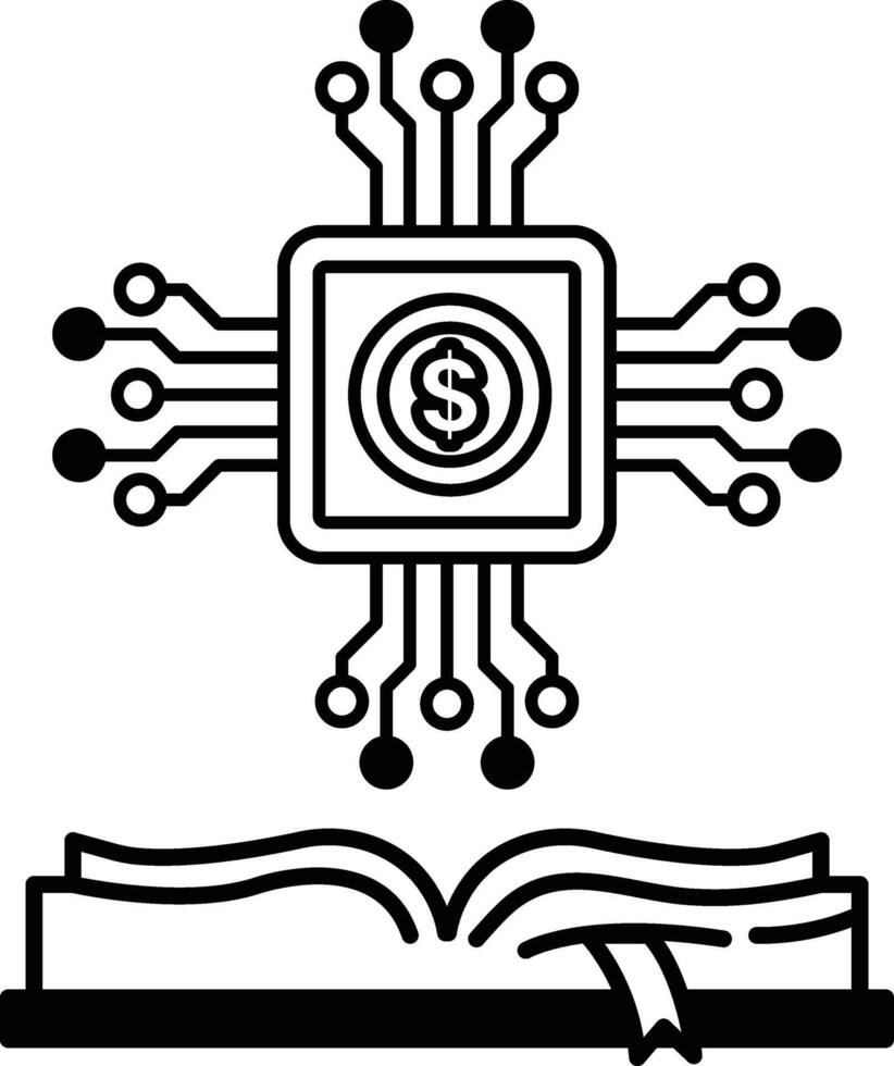 computer chip with a dollar sign on it is shown next to an open book vector