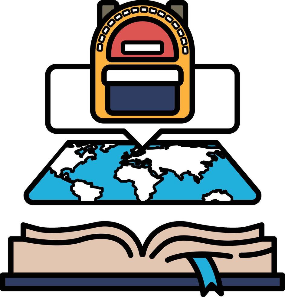 A backpack is on top of a book with a globe underneath vector