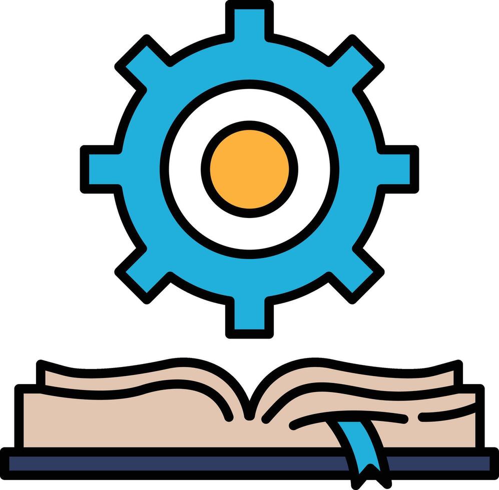 A blue and yellow gear is on top of an open book vector