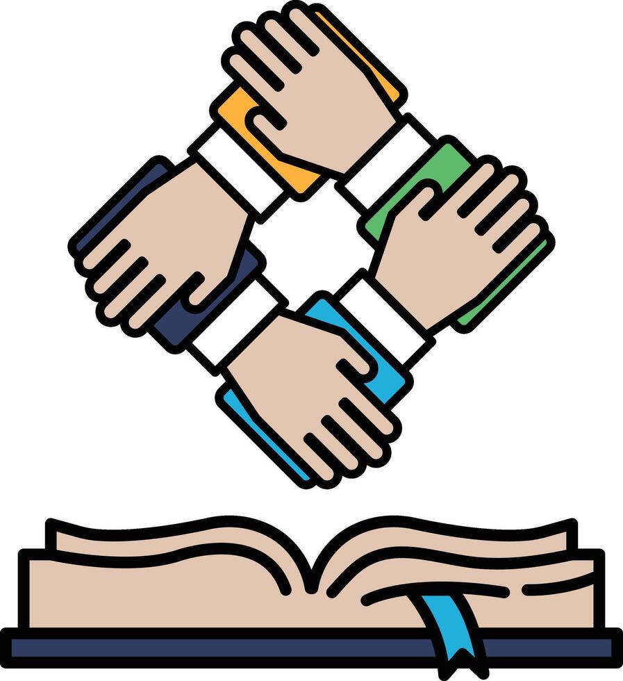 A hand is shown in the middle of a book with four other hands surrounding it vector