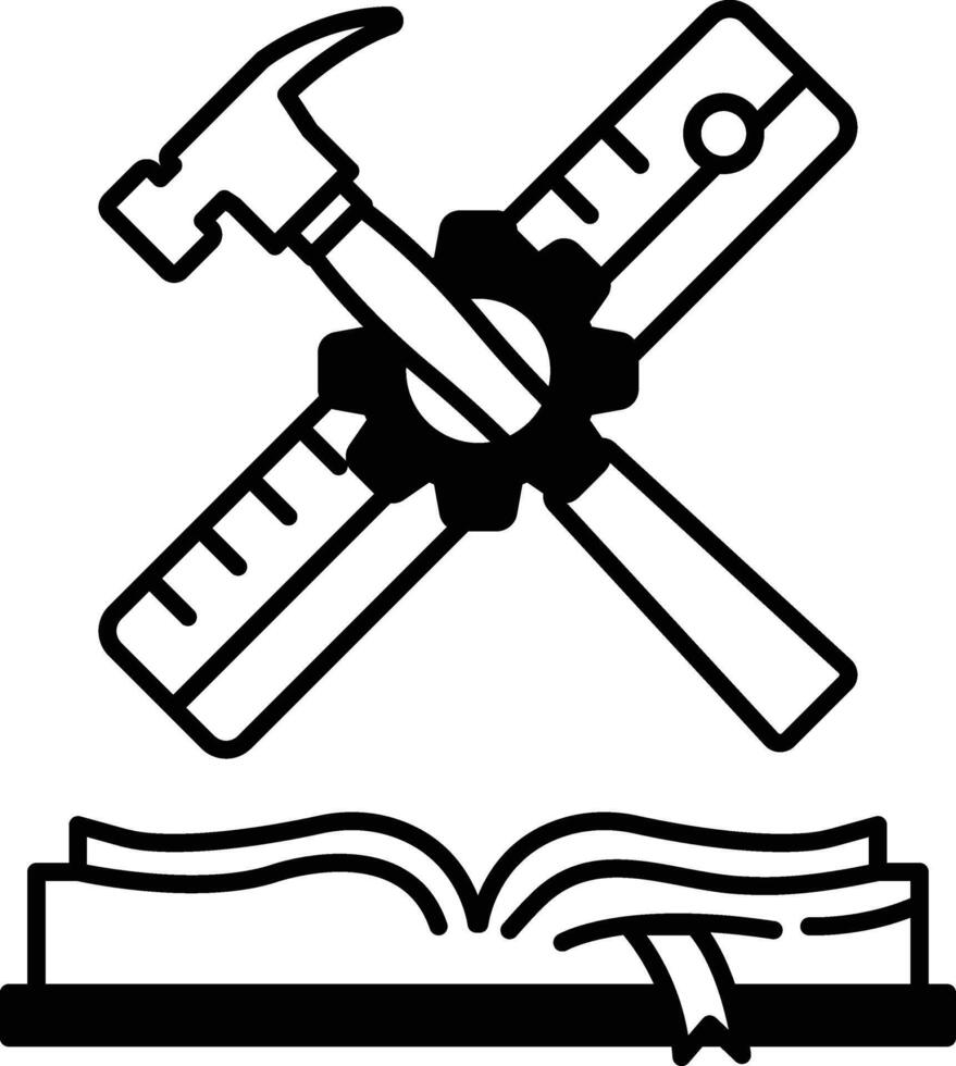 hammer and a ruler are shown next to an open book vector