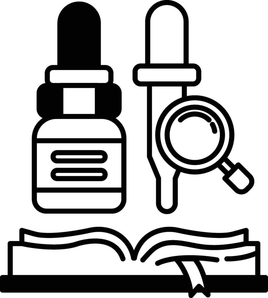 bottle of medicine is next to a magnifying glass and a dropper vector