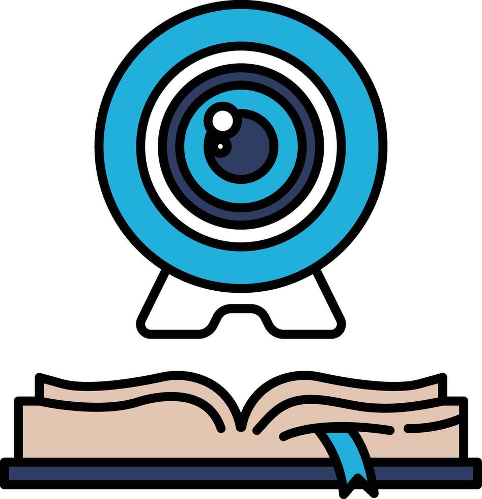 A blue and white image of a camera lens with a book in the background vector