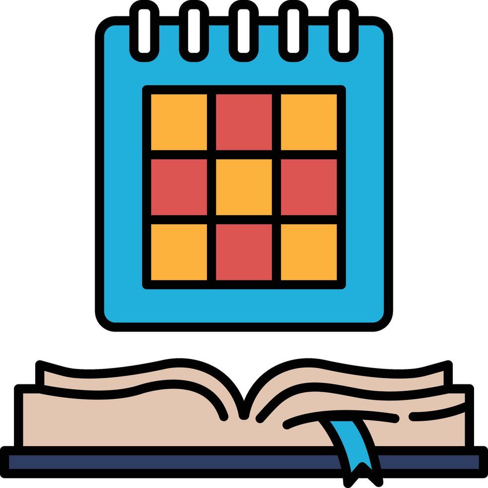 A calendar with a blue and orange background is opened to a page with a red vector
