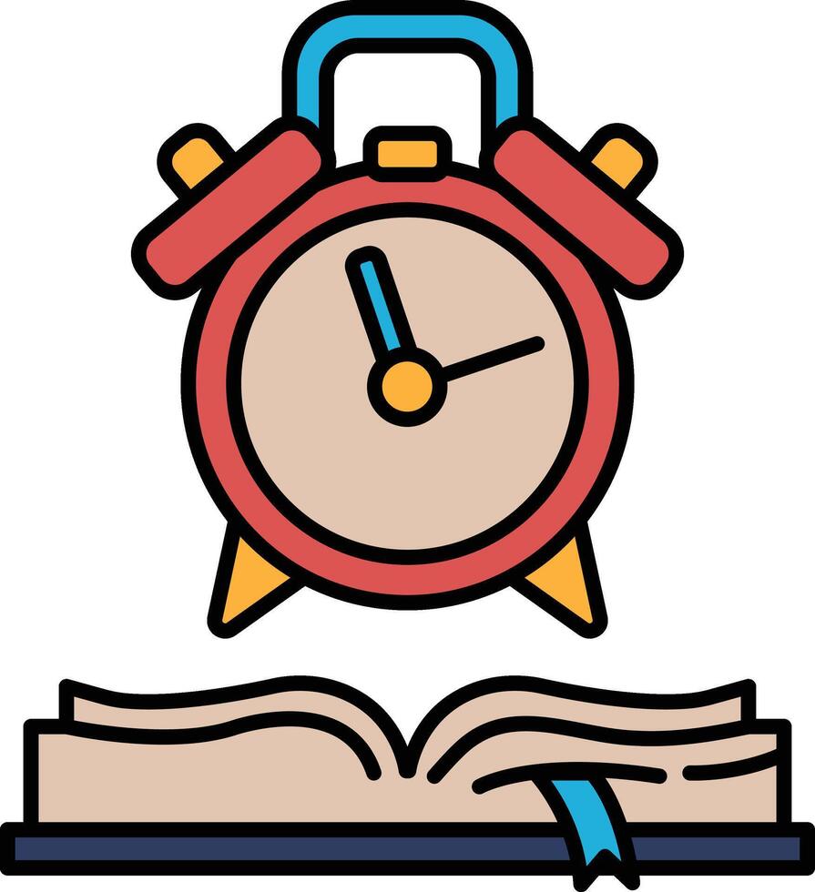 A red alarm clock with a white face sits on top of an open book vector