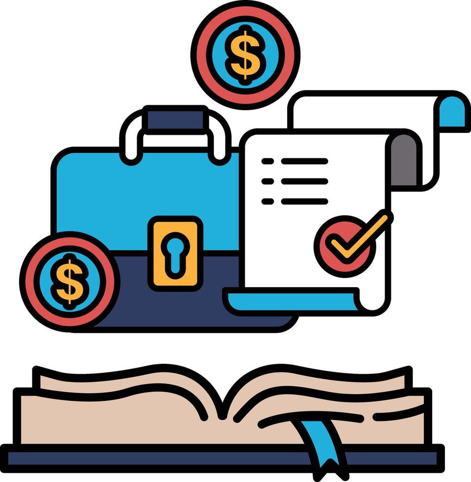 A book with a briefcase and a stack of money on top of it vector