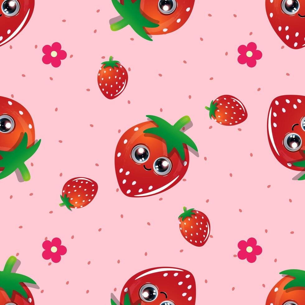 Cute cartoon strawberries with large, expressive eyes are scattered across a light green background vector