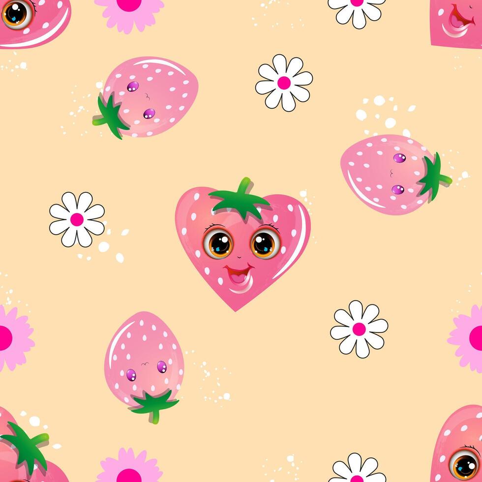 Pattern with cartoon strawberries featuring big eyes vector