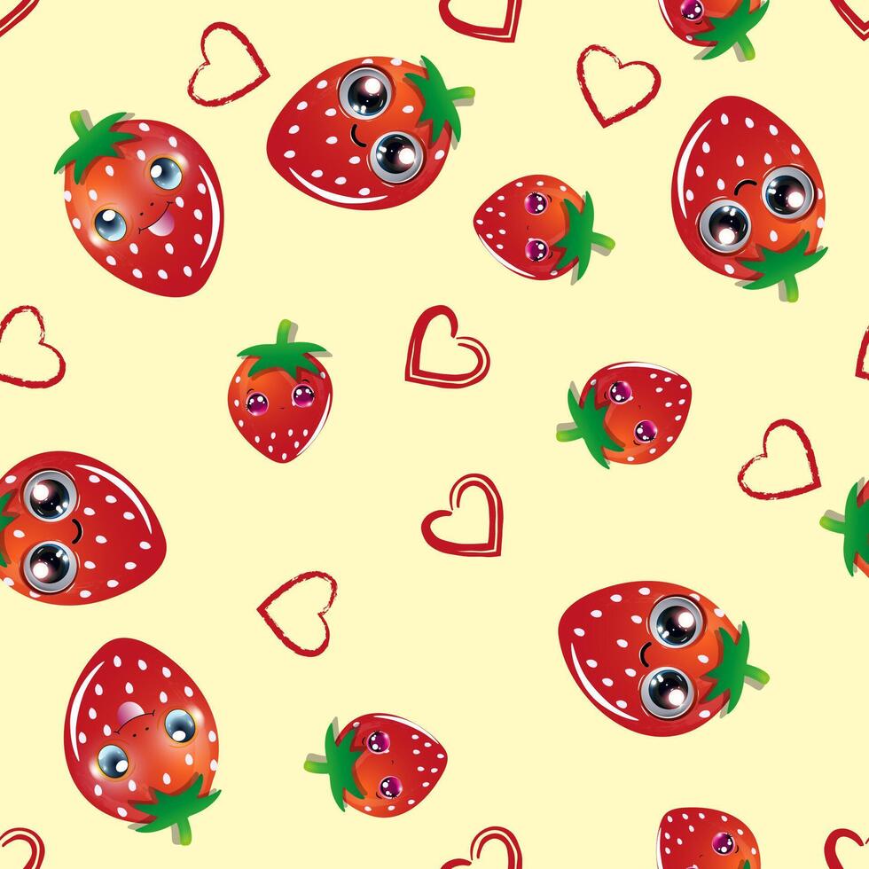 Playful pattern featuring cartoon strawberries with large, expressive eyes vector