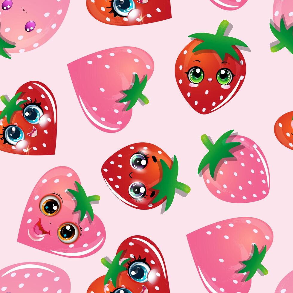 Playful seamless pattern featuring cartoon strawberries with cheerful facial expressions vector