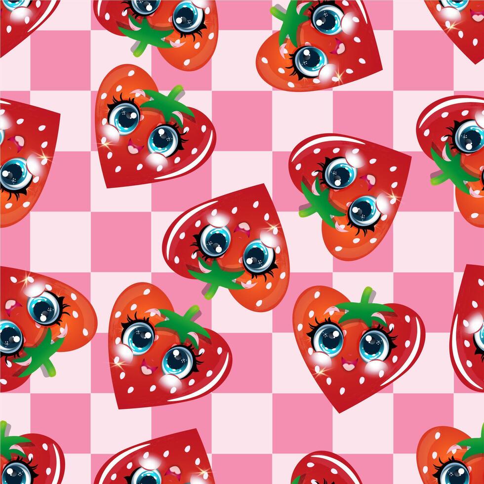 Kawaii-style strawberries with expressive eyes are scattered across a pink background vector