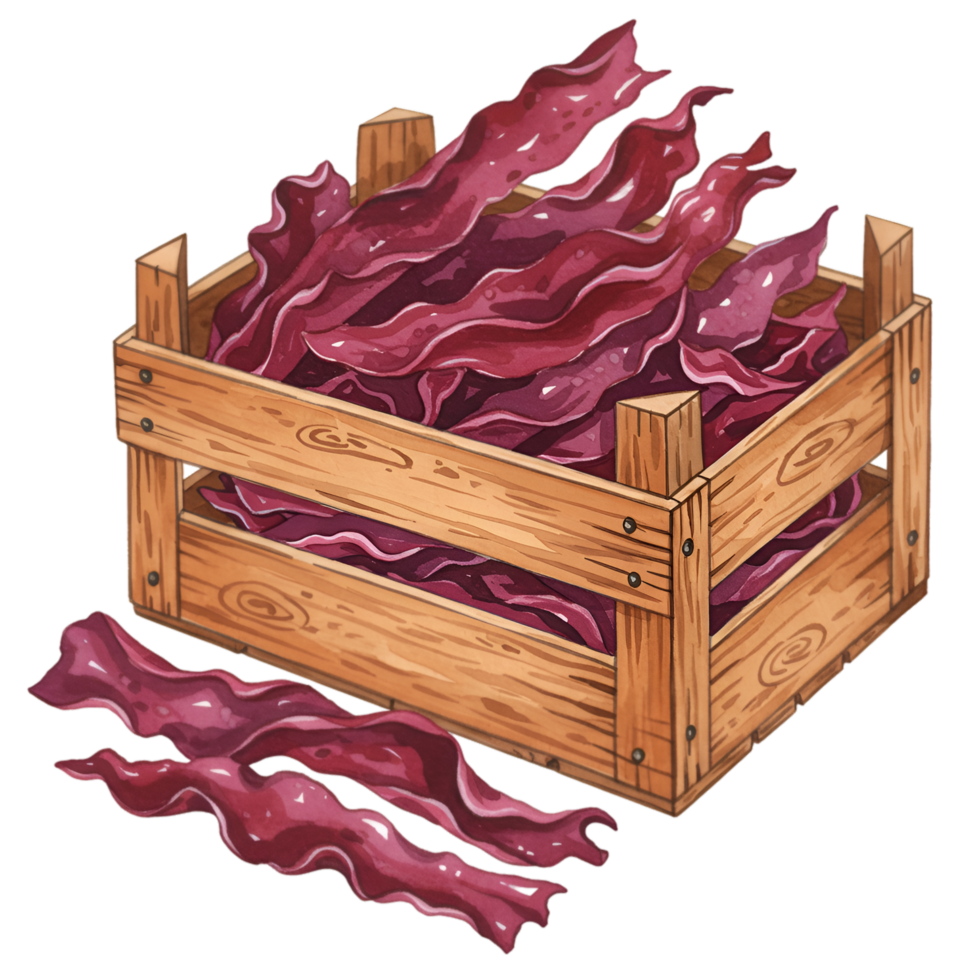 A watercolor crate filled with strips of cured meat and some strips outside of the crate on a plain surface on transparent background png