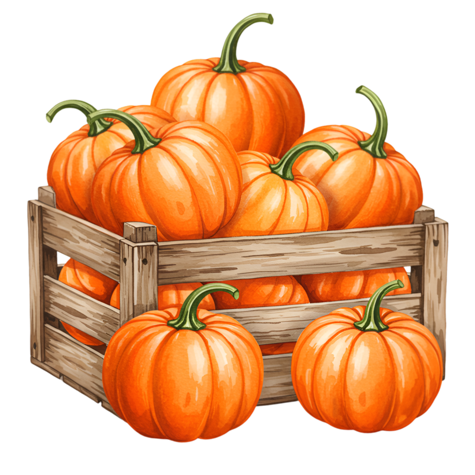 A watercolor wooden crate filled with many vibrant orange pumpkins and some pumpkins outside the crate too on transparent background png