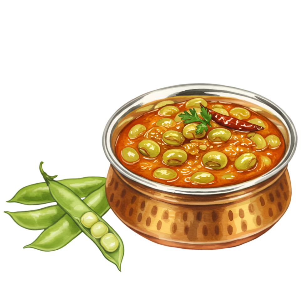 A watercolor bowl of cooked beans in a sauce with green pods and a red pepper on a plain colored surface on transparent background png