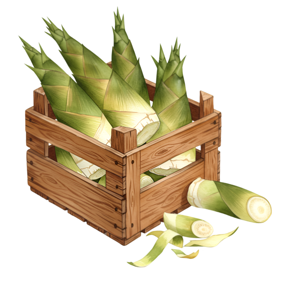 watercolor Bamboo shoots in a wooden crate with peeled pieces lying next to the crate on a plain background on transparent background png