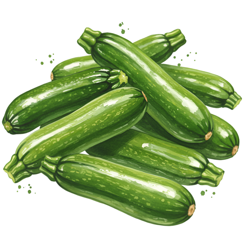 A pile of several fresh green zucchini squash vegetables stacked on top of each other in a heap together on transparent background png