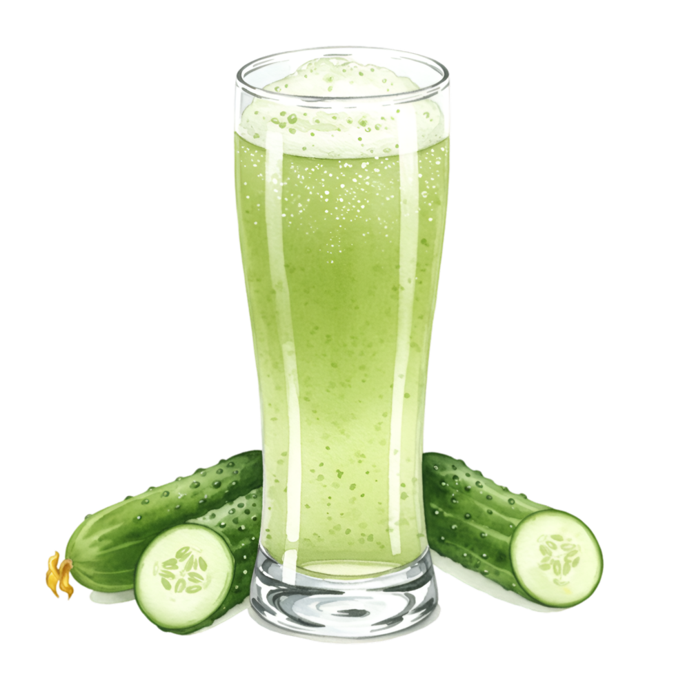 watercolor Tall glass of green smoothie with foam and cucumbers arranged around it on a plain setting on transparent background png