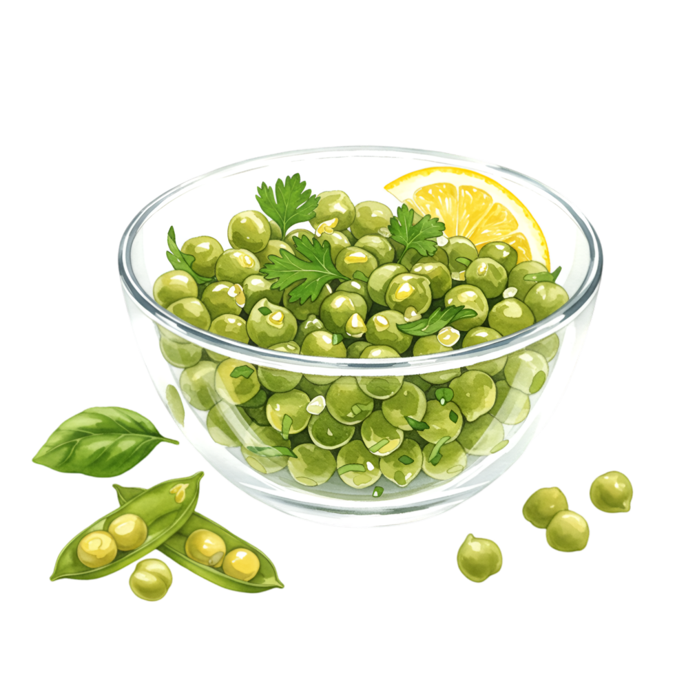 A watercolor clear bowl filled with fresh peas garnished with parsley and lemon slice on a plain backdrop on transparent background png