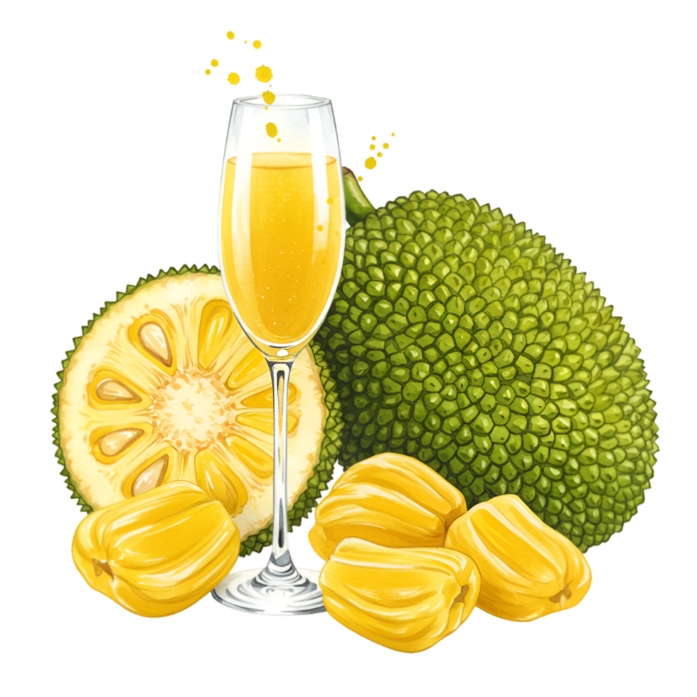 Still life showing jackfruit with sections and a glass of juice against a plain setting area on transparent background png